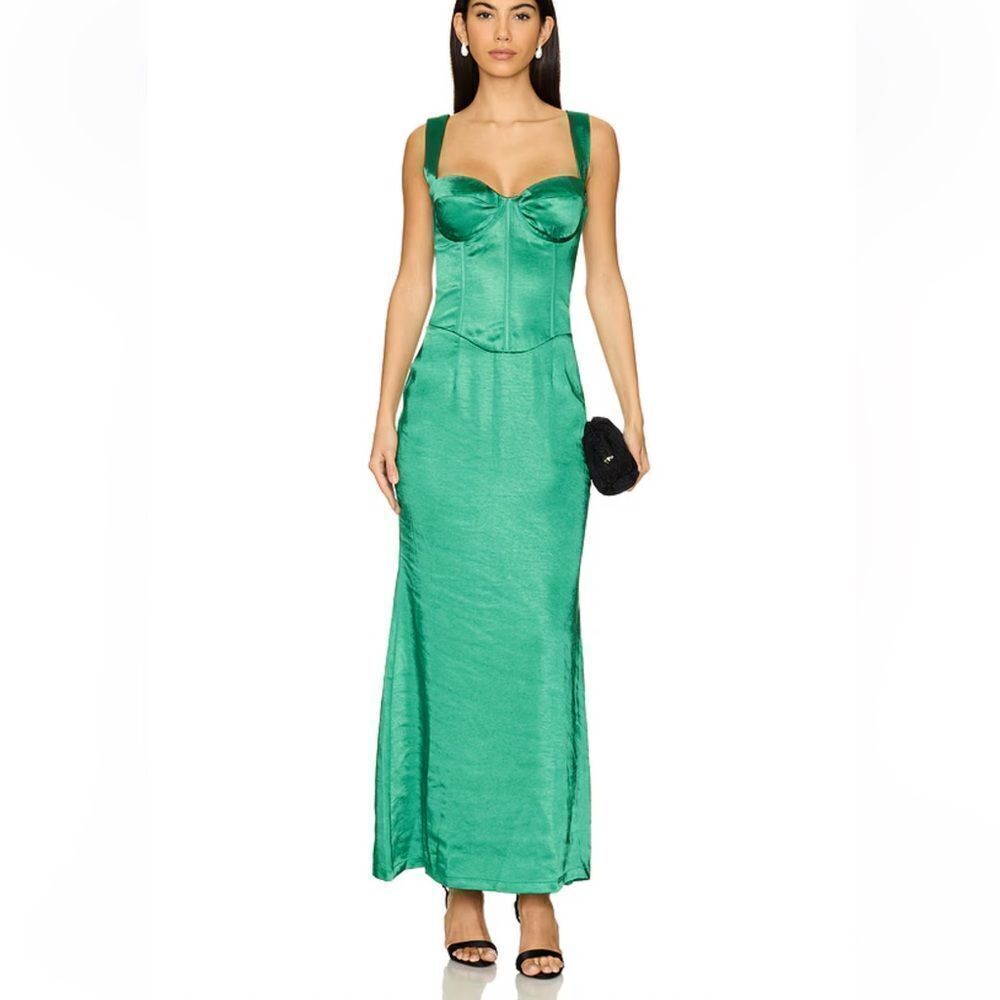 Runaway The Label Oura maxi Green Satin Dress bustier corset gown Revolve NWT M